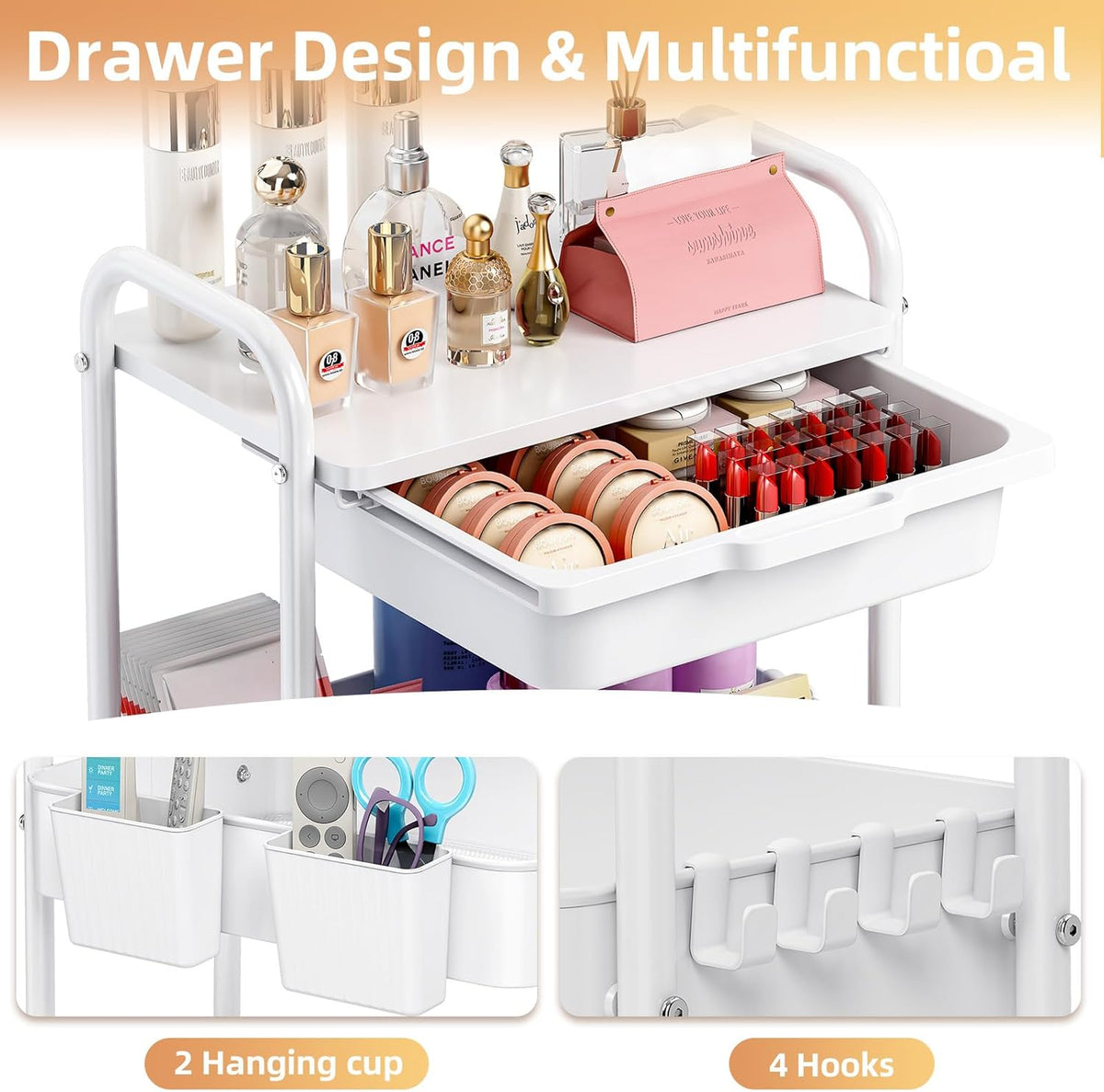 3 Tier Metal Rolling Cart with Drawer, Purple Utility Storage Cart