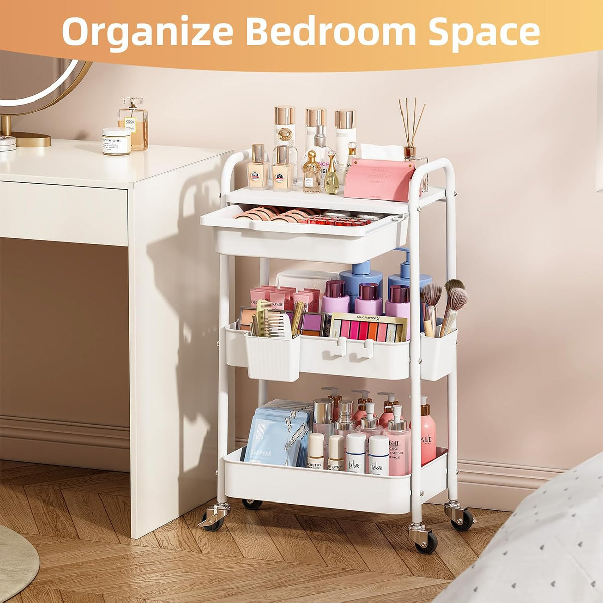 3 Tier Metal Rolling Cart with Drawer, Purple Utility Storage Cart