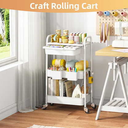 3 Tier Metal Rolling Cart with Drawer, Purple Utility Storage Cart