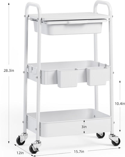 3 Tier Metal Rolling Cart with Drawer, Purple Utility Storage Cart