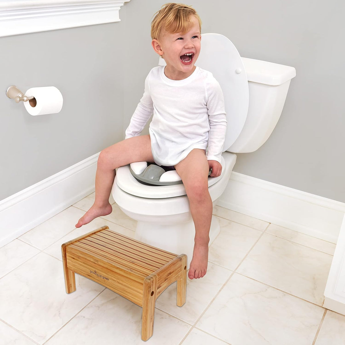 Growing Up Green Bamboo Bathroom Step Stool for Kids Using the Toilet and Sink - Kids Step Stool, Potty Training, Non-Slip, Bathroom, Kitchen, Lightweight