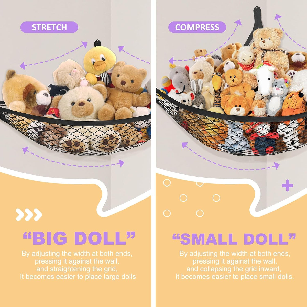 Stuffed Animal Net Hammock for Plushie Toys, Stuffed Animal Hammock Corner for Kids' Room Decor, Ideas for Organizing Stuffy Collection, Pink, L (67" x 40" x 40")-Pack of 2