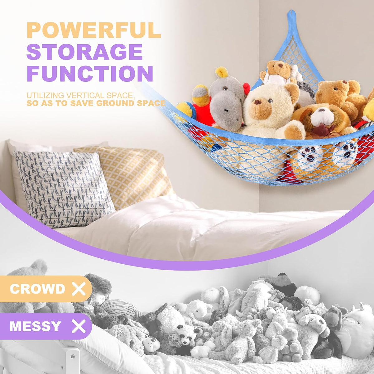 Stuffed Animal Net Hammock for Plushie Toys, Stuffed Animal Hammock Corner for Kids' Room Decor, Ideas for Organizing Stuffy Collection, Pink, L (67" x 40" x 40")-Pack of 2