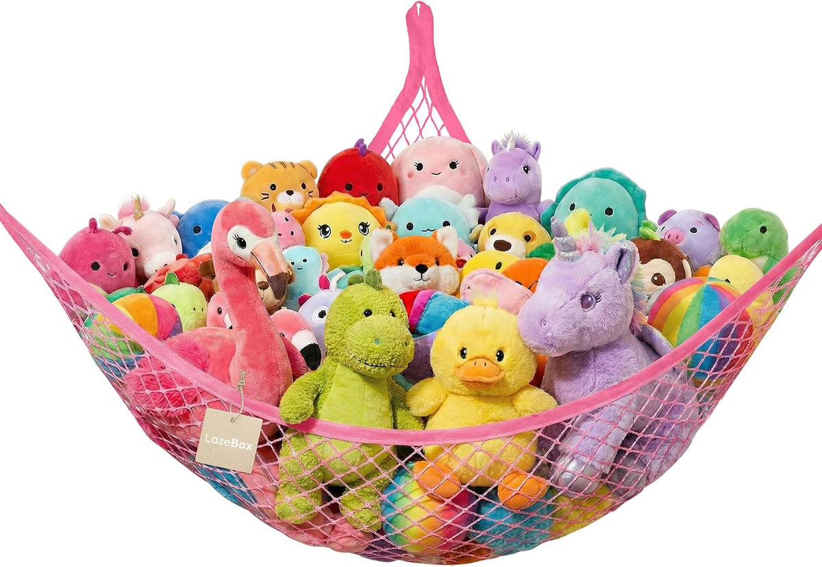 Stuffed Animal Net Hammock for Plushie Toys, Stuffed Animal Hammock Corner for Kids' Room Decor, Ideas for Organizing Stuffy Collection, Pink, L (67" x 40" x 40")-Pack of 2