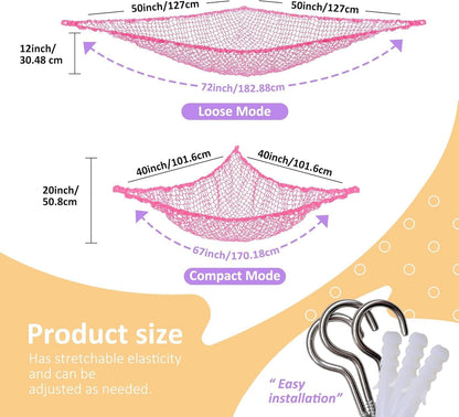 Stuffed Animal Net Hammock for Plushie Toys, Stuffed Animal Hammock Corner for Kids' Room Decor, Ideas for Organizing Stuffy Collection, Pink, L (67" x 40" x 40")-Pack of 2