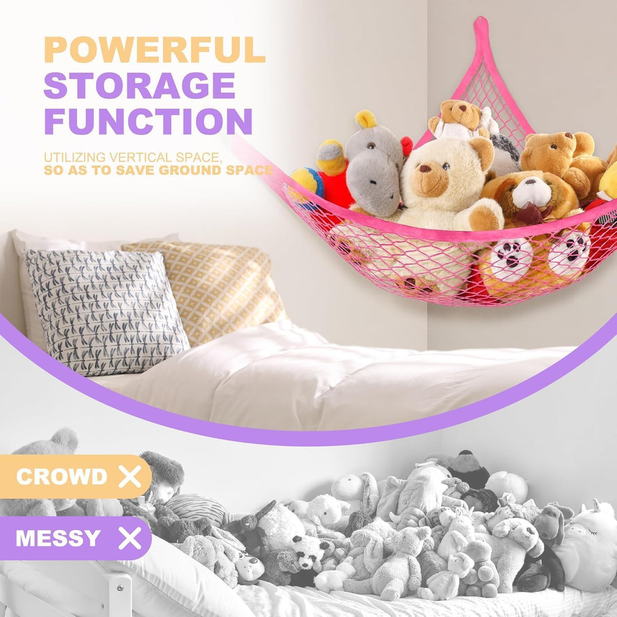 Stuffed Animal Net Hammock for Plushie Toys, Stuffed Animal Hammock Corner for Kids' Room Decor, Ideas for Organizing Stuffy Collection, Pink, L (67" x 40" x 40")-Pack of 2