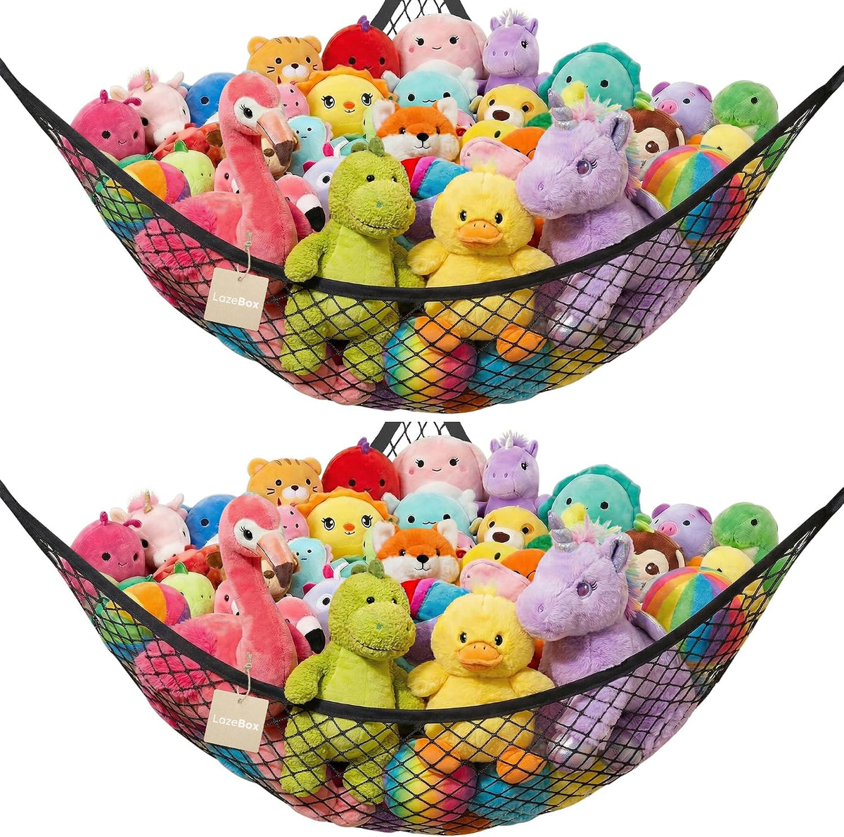 Stuffed Animal Net Hammock for Plushie Toys, Stuffed Animal Hammock Corner for Kids' Room Decor, Ideas for Organizing Stuffy Collection, Pink, L (67" x 40" x 40")-Pack of 2