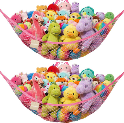 Stuffed Animal Net Hammock for Plushie Toys, Stuffed Animal Hammock Corner for Kids' Room Decor, Ideas for Organizing Stuffy Collection, Pink, L (67" x 40" x 40")-Pack of 2