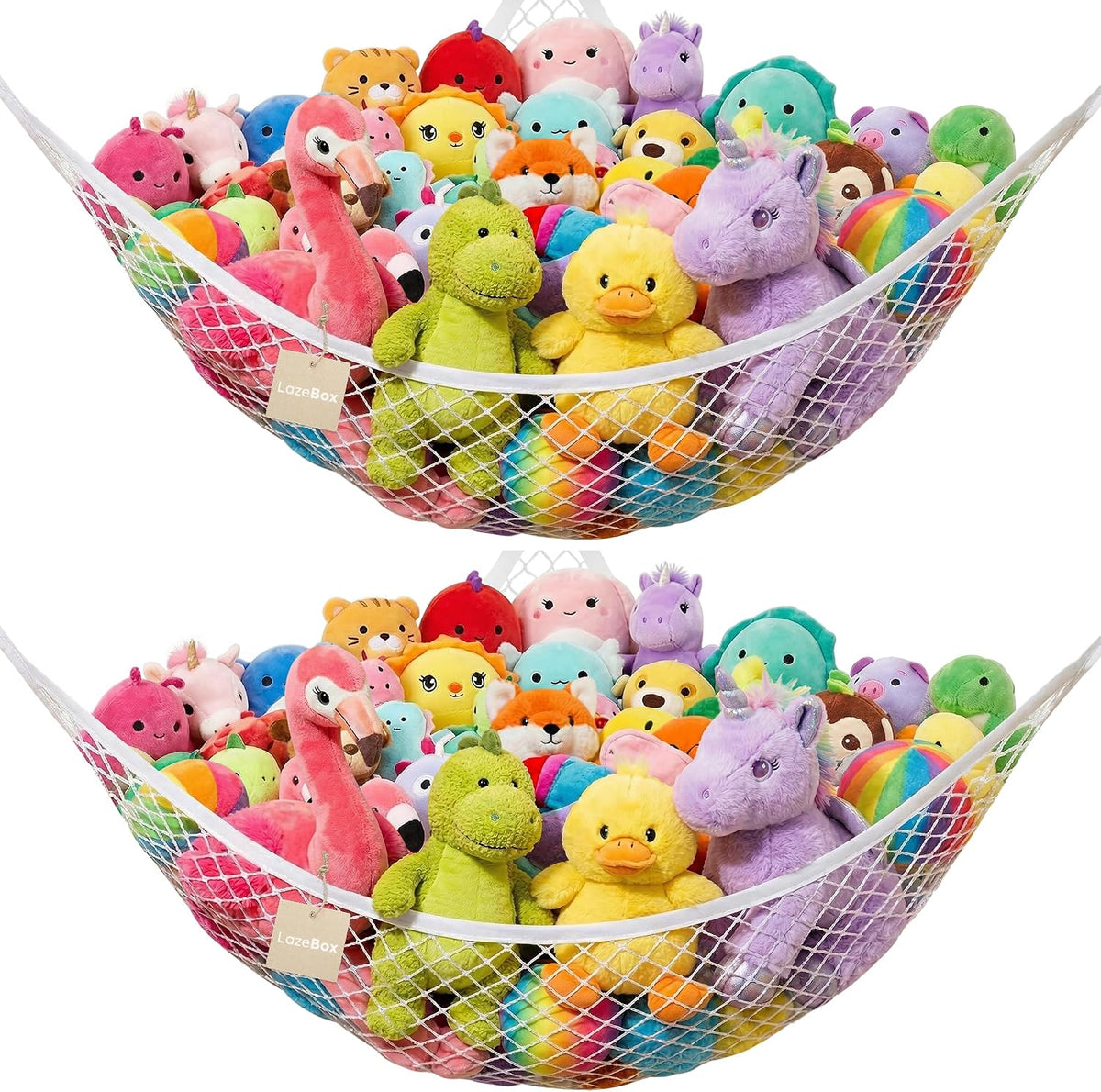 Stuffed Animal Net Hammock for Plushie Toys, Stuffed Animal Hammock Corner for Kids' Room Decor, Ideas for Organizing Stuffy Collection, Pink, L (67" x 40" x 40")-Pack of 2