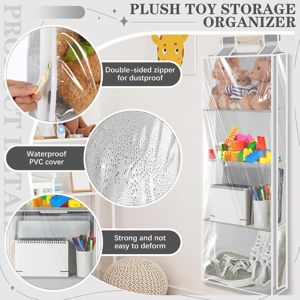 Hanging Stuffed Animal Storage with Zippers, Transparent, 4 Layer