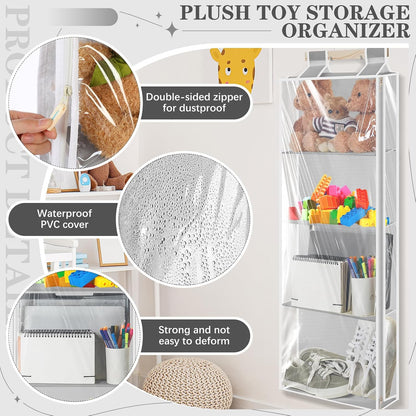 Hanging Stuffed Animal Storage with Zippers, Transparent, 4 Layer
