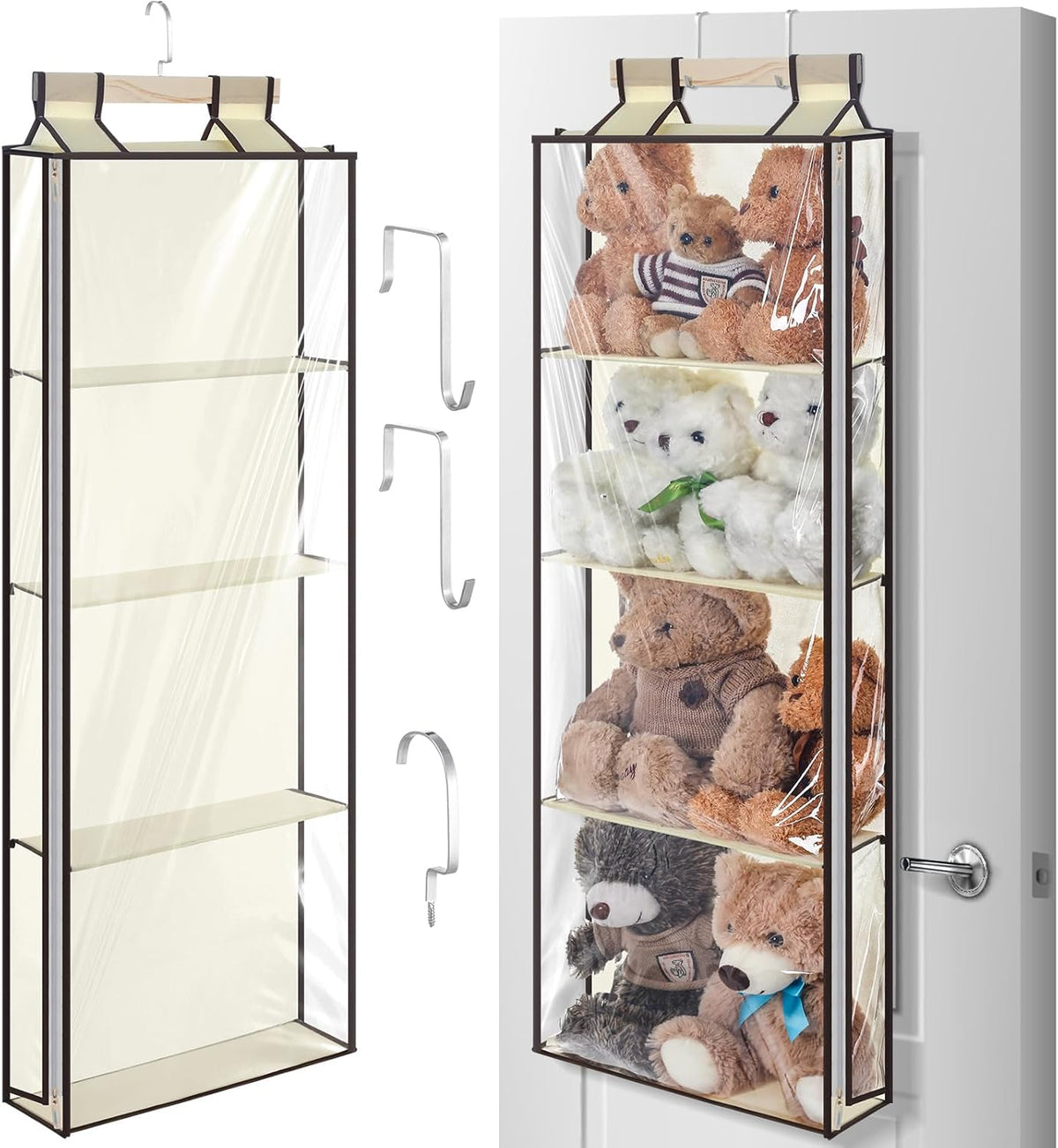 Hanging Stuffed Animal Storage with Zippers, Transparent, 4 Layer