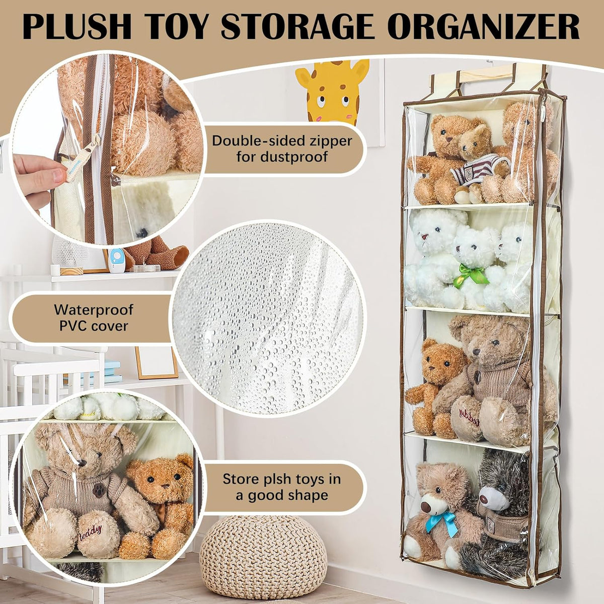 Hanging Stuffed Animal Storage with Zippers, Transparent, 4 Layer