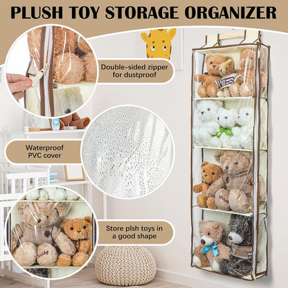 Hanging Stuffed Animal Storage with Zippers, Transparent, 4 Layer