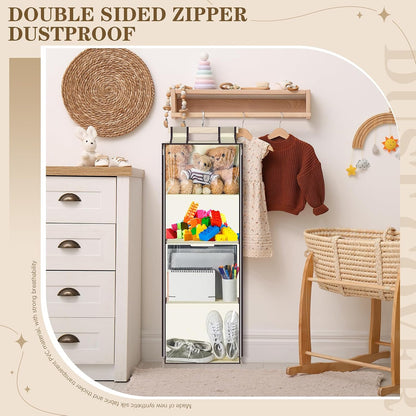 Hanging Stuffed Animal Storage with Zippers, Transparent, 4 Layer