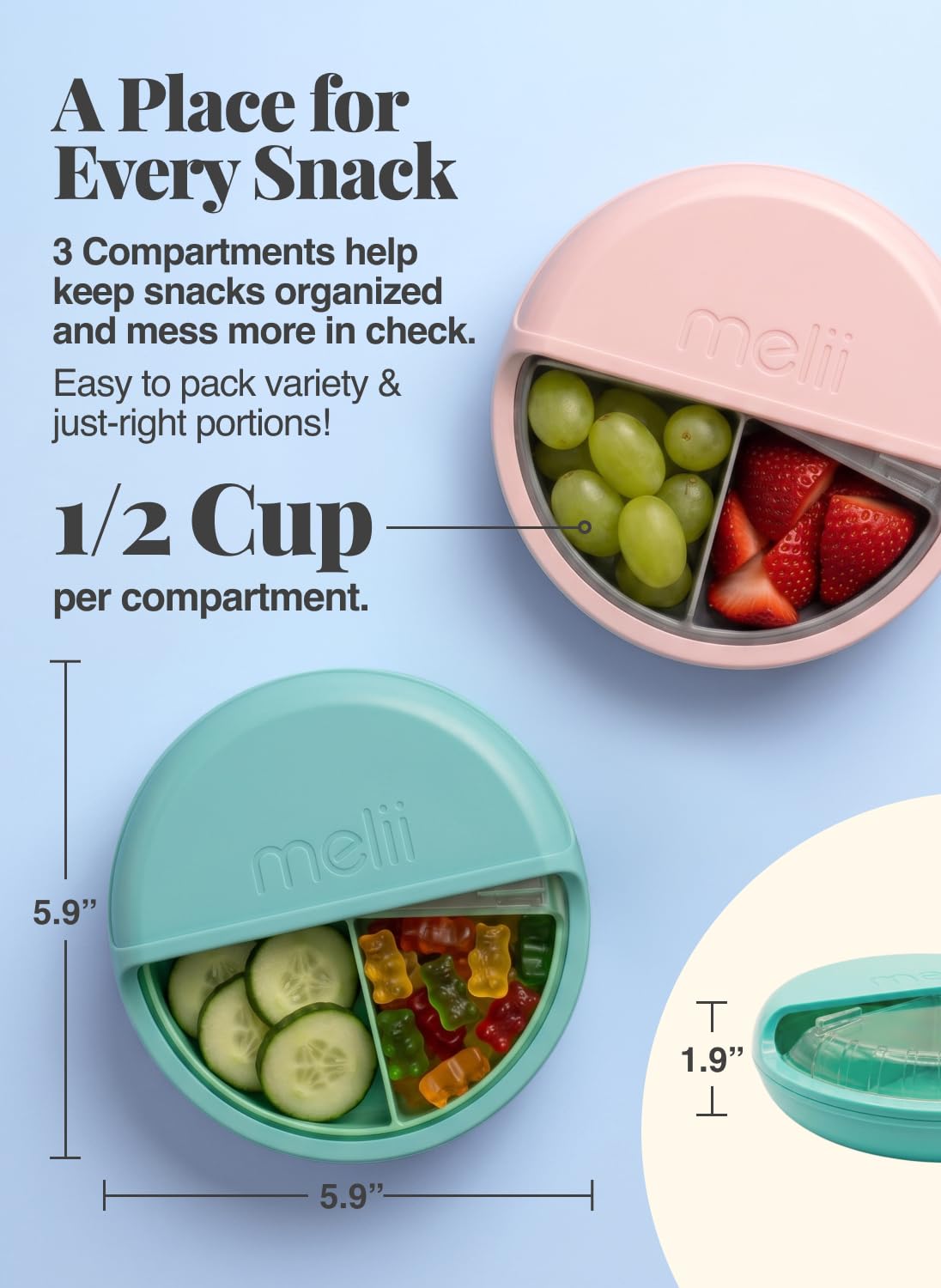 Spin Snack Container | 3-Compartment Rotating Snack Box with Sliding Window, BPA-Free, Dishwasher Safe, Portable Snack Container for Kids Ages 3+ (Blue)