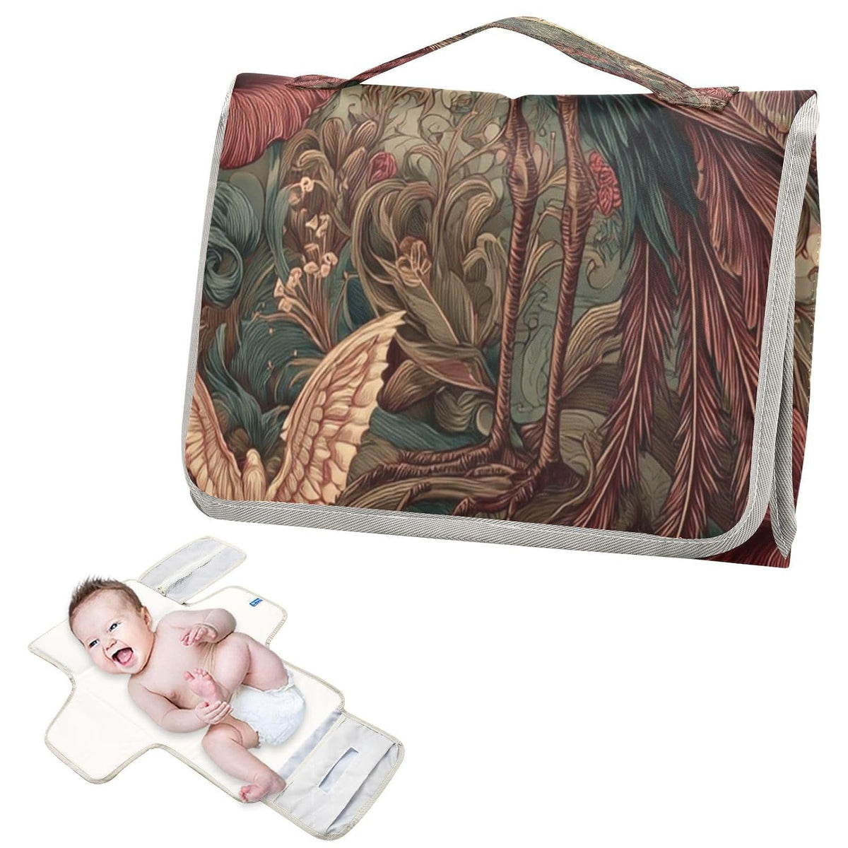 Flower Bird Beige Pattern Portable Baby Changing Pad Diaper Changing Table Pad Water-Resistant Travel Changing Station Mat with Built-in Pillow for Unisex Baby Newborn Gift