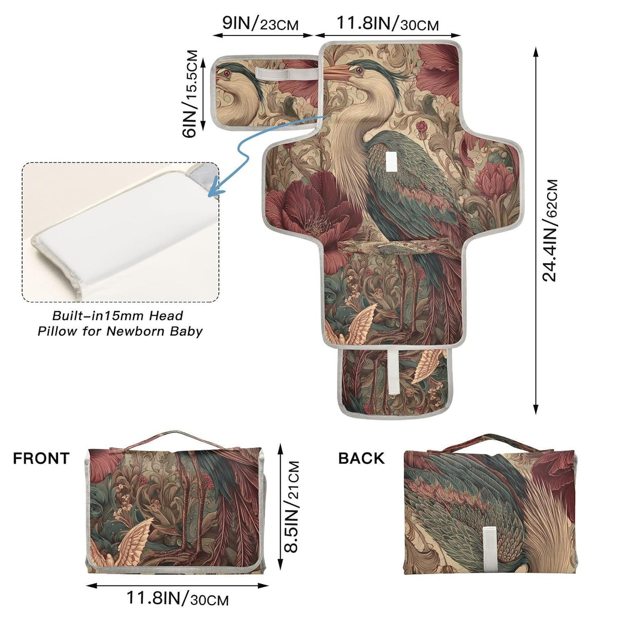 Flower Bird Beige Pattern Portable Baby Changing Pad Diaper Changing Table Pad Water-Resistant Travel Changing Station Mat with Built-in Pillow for Unisex Baby Newborn Gift