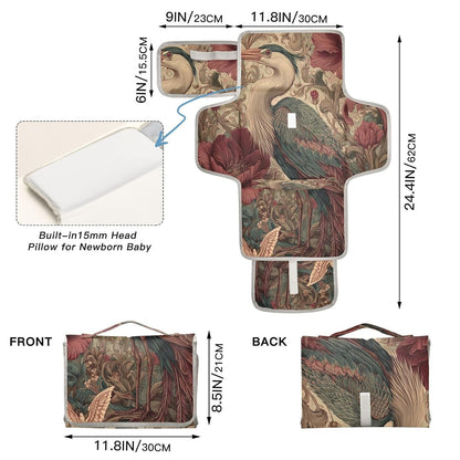 Flower Bird Beige Pattern Portable Baby Changing Pad Diaper Changing Table Pad Water-Resistant Travel Changing Station Mat with Built-in Pillow for Unisex Baby Newborn Gift