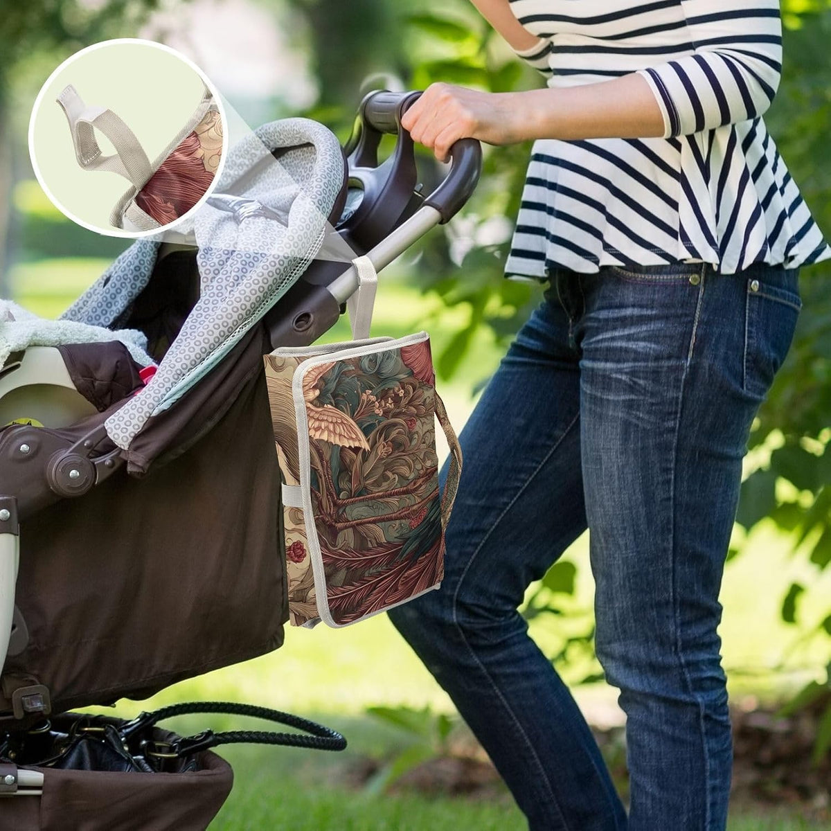 Flower Bird Beige Pattern Portable Baby Changing Pad Diaper Changing Table Pad Water-Resistant Travel Changing Station Mat with Built-in Pillow for Unisex Baby Newborn Gift