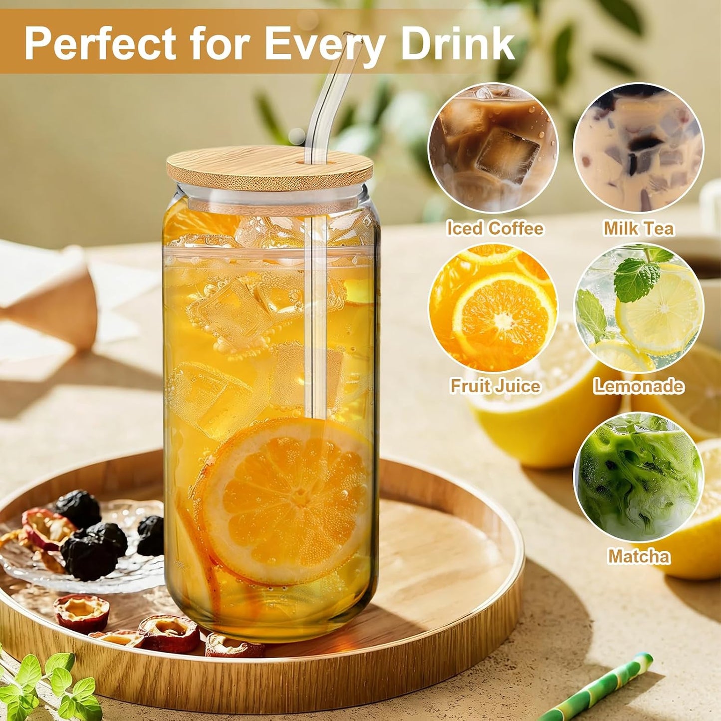 Glass Cups with Lids and Straws Set of 2 - Iced Coffee Cups with Lids for Cold Brew and Beer, 20 oz Can Shaped Glass with Bamboo Lids and Straws - Aesthetic Coffee Bar Gift for Coffee Lovers