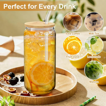 Glass Cups with Lids and Straws Set of 2 - Iced Coffee Cups with Lids for Cold Brew and Beer, 20 oz Can Shaped Glass with Bamboo Lids and Straws - Aesthetic Coffee Bar Gift for Coffee Lovers
