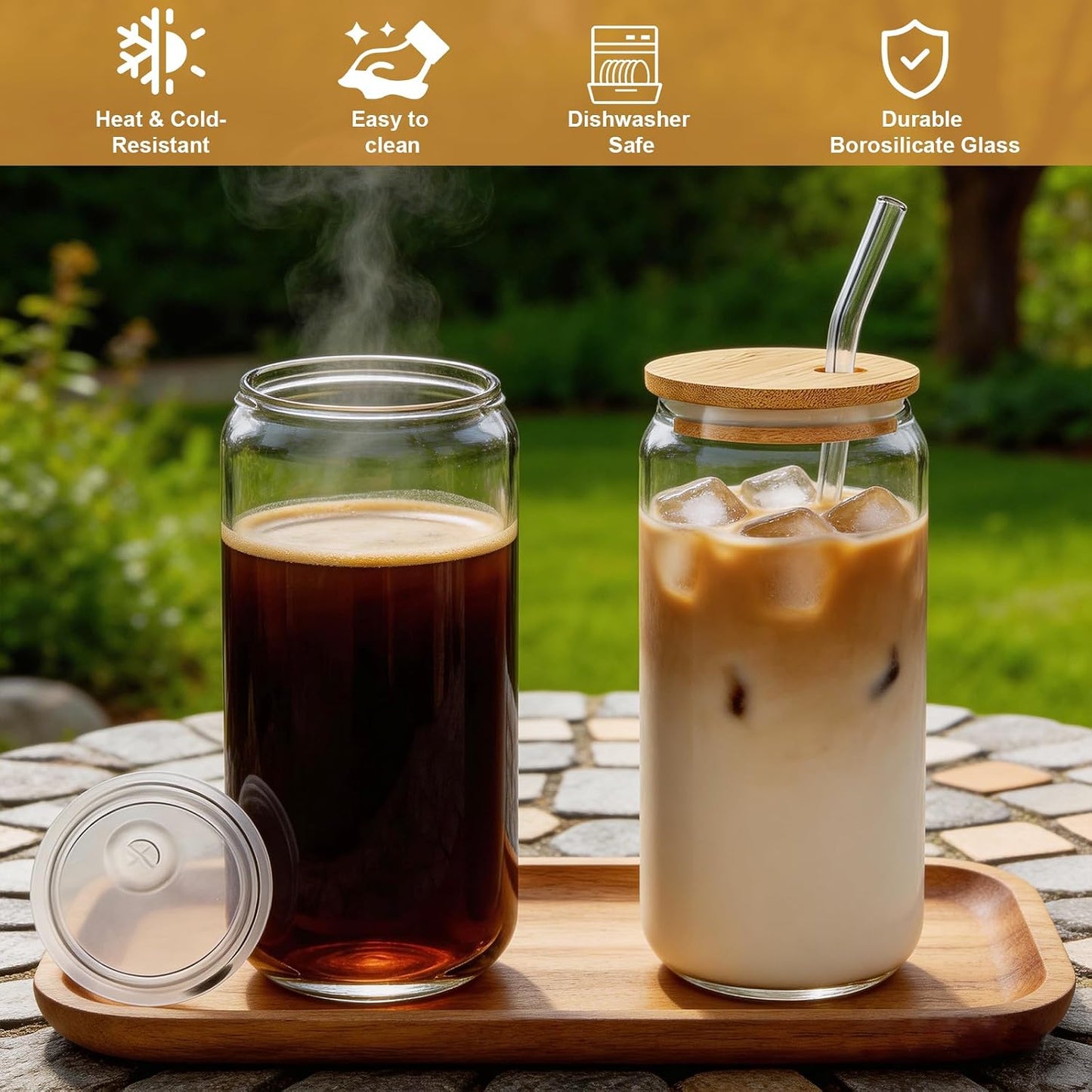 Glass Cups with Lids and Straws Set of 2 - Iced Coffee Cups with Lids for Cold Brew and Beer, 20 oz Can Shaped Glass with Bamboo Lids and Straws - Aesthetic Coffee Bar Gift for Coffee Lovers