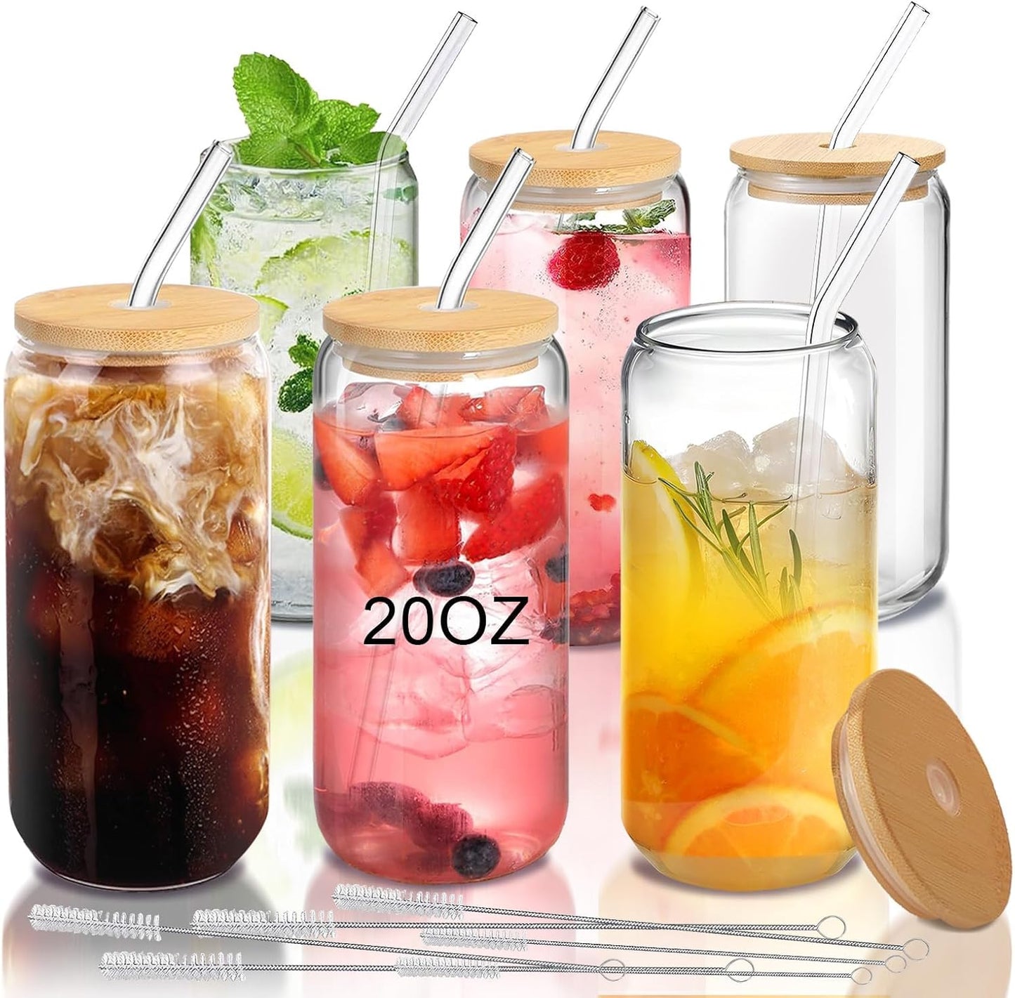 Glass Cups with Lids and Straws Set of 2 - Iced Coffee Cups with Lids for Cold Brew and Beer, 20 oz Can Shaped Glass with Bamboo Lids and Straws - Aesthetic Coffee Bar Gift for Coffee Lovers
