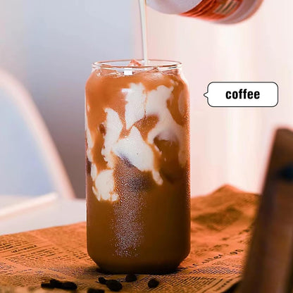 Glass Cups with Lids and Straws Set of 2 - Iced Coffee Cups with Lids for Cold Brew and Beer, 20 oz Can Shaped Glass with Bamboo Lids and Straws - Aesthetic Coffee Bar Gift for Coffee Lovers
