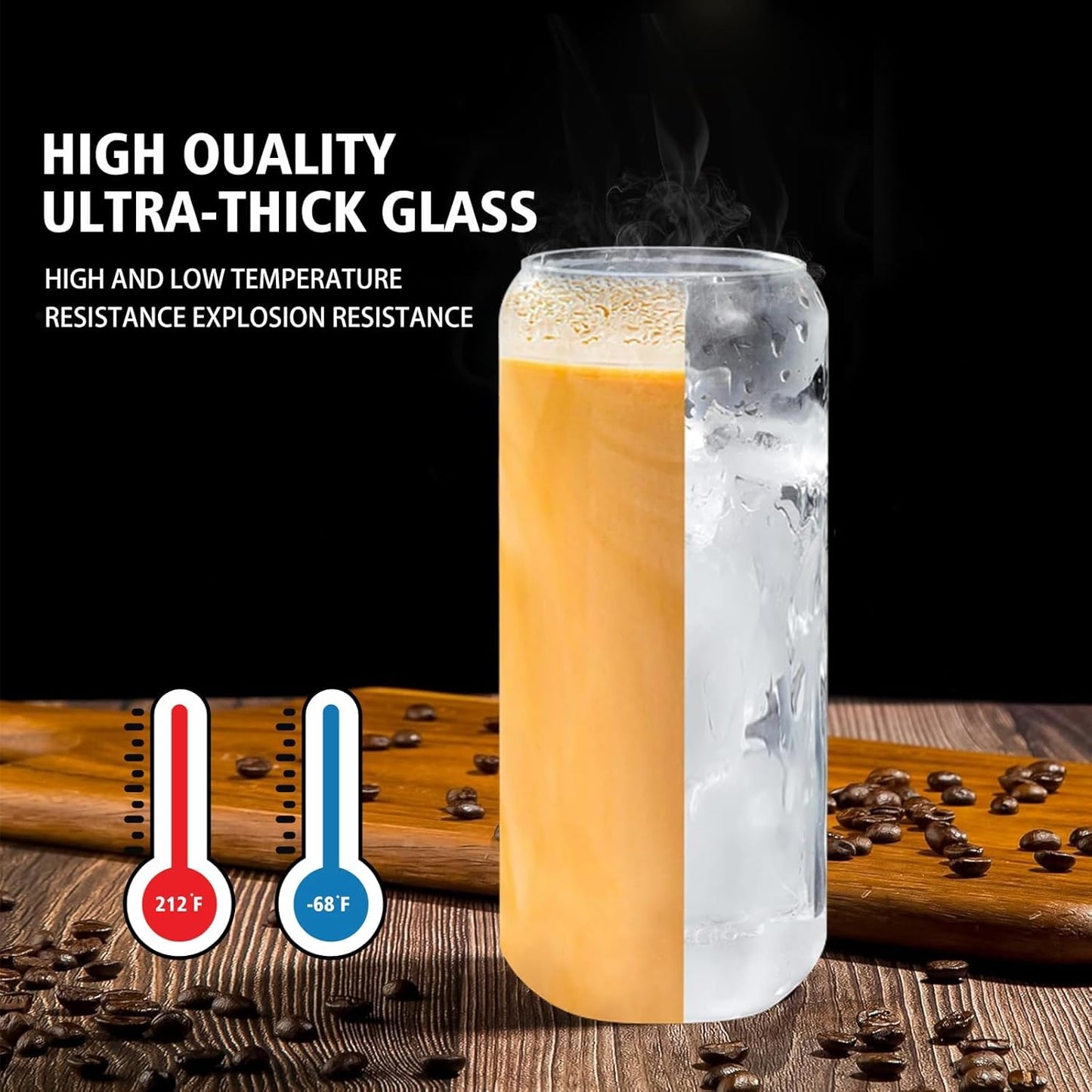 Glass Cups with Lids and Straws Set of 2 - Iced Coffee Cups with Lids for Cold Brew and Beer, 20 oz Can Shaped Glass with Bamboo Lids and Straws - Aesthetic Coffee Bar Gift for Coffee Lovers