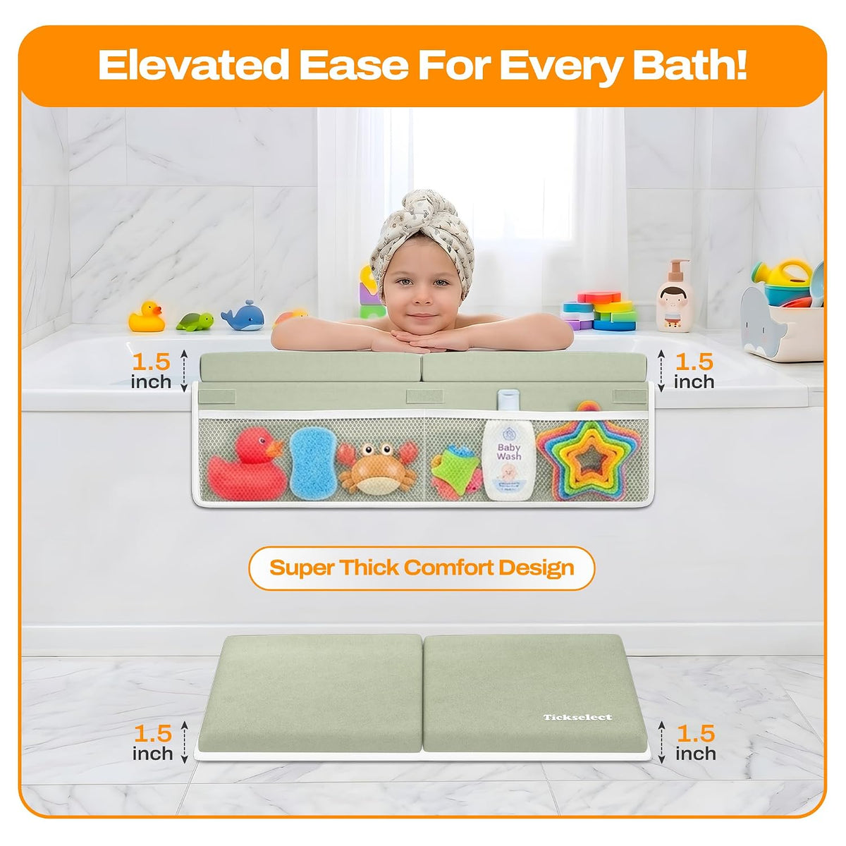 Bath Kneeler and Elbow Rest Pad Set-Baby Bath Kneeler with 1.5'' Comfortable Thick Memory Foam, Non-Slip Knee & Arm Support for Baby Bath Time,Foldable Bath Mat for Baby Storage Pockets