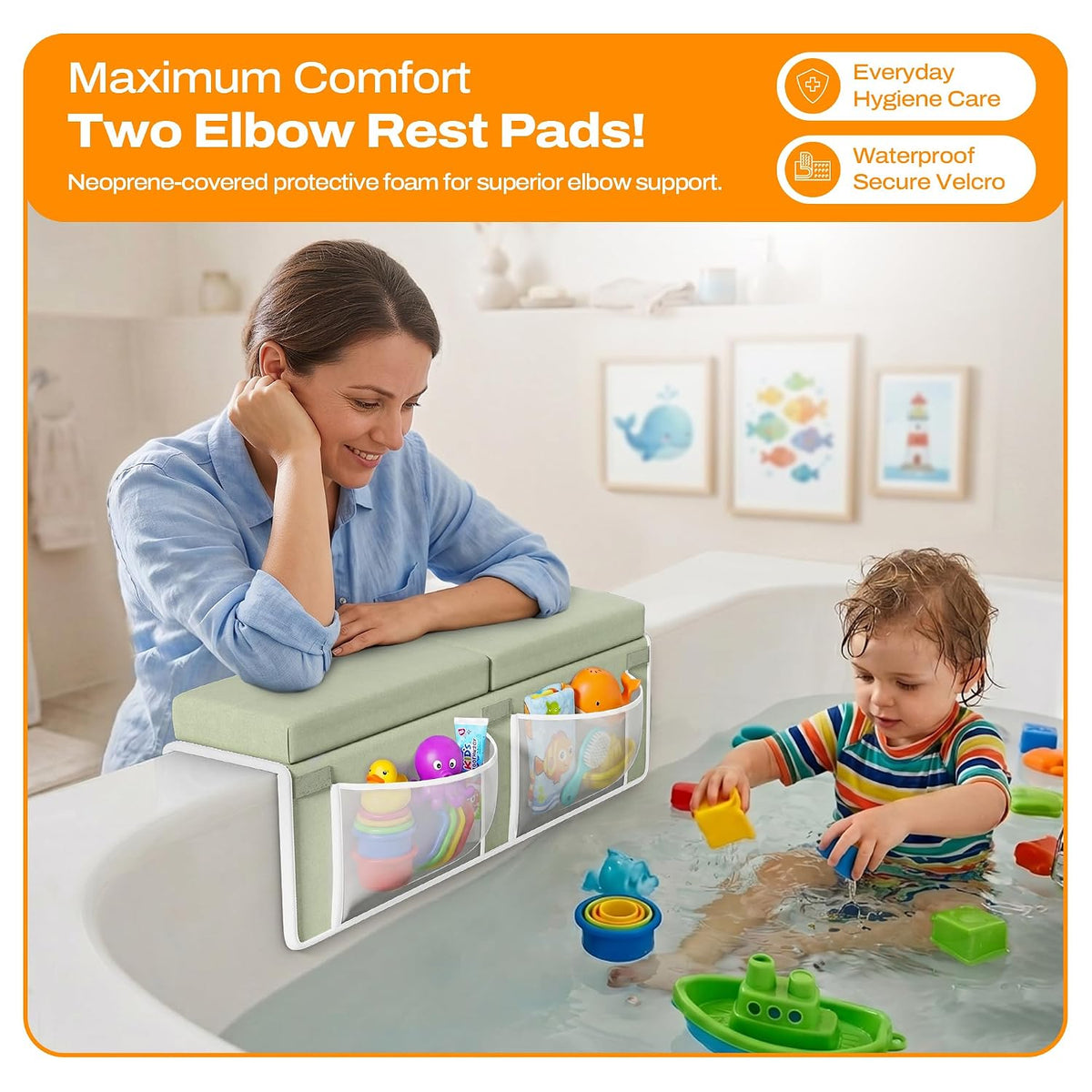 Bath Kneeler and Elbow Rest Pad Set-Baby Bath Kneeler with 1.5'' Comfortable Thick Memory Foam, Non-Slip Knee & Arm Support for Baby Bath Time,Foldable Bath Mat for Baby Storage Pockets