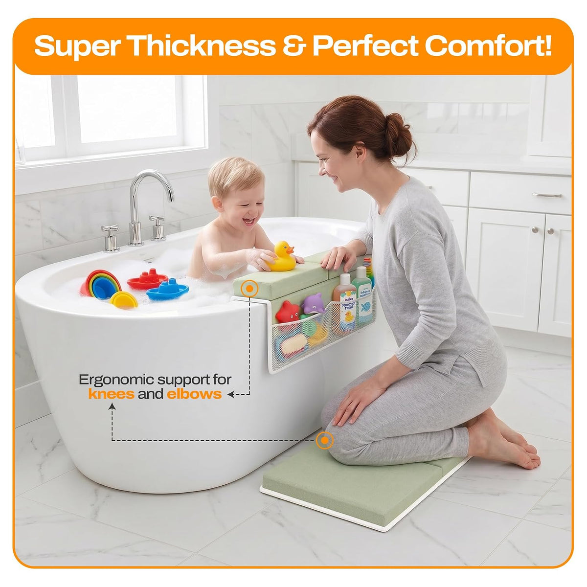 Bath Kneeler and Elbow Rest Pad Set-Baby Bath Kneeler with 1.5'' Comfortable Thick Memory Foam, Non-Slip Knee & Arm Support for Baby Bath Time,Foldable Bath Mat for Baby Storage Pockets
