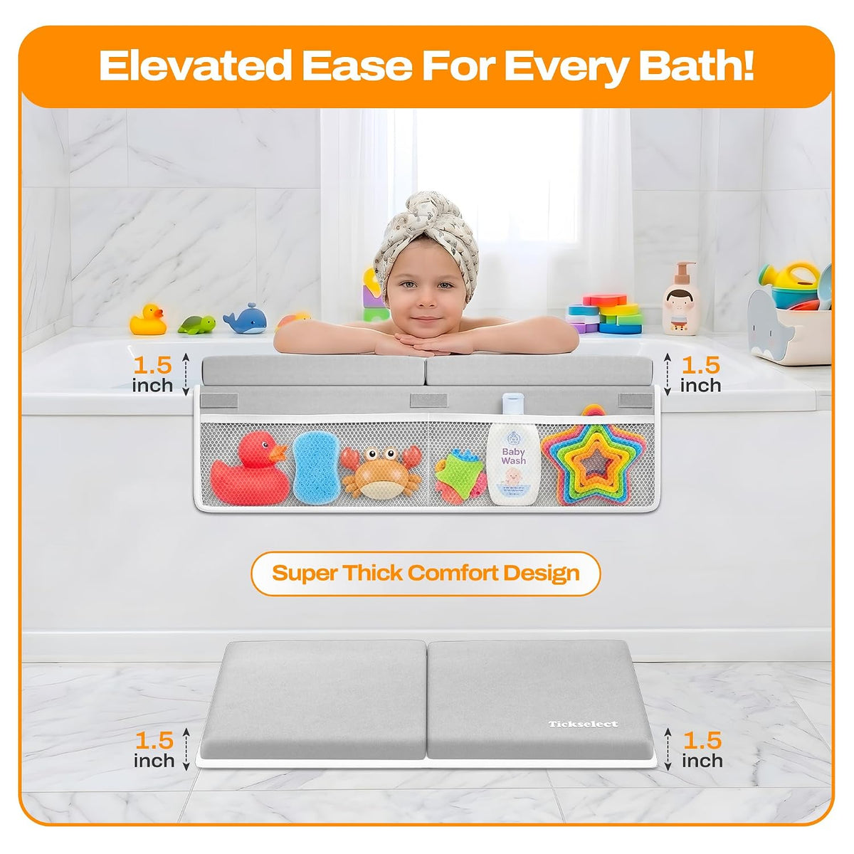 Bath Kneeler and Elbow Rest Pad Set-Baby Bath Kneeler with 1.5'' Comfortable Thick Memory Foam, Non-Slip Knee & Arm Support for Baby Bath Time,Foldable Bath Mat for Baby Storage Pockets