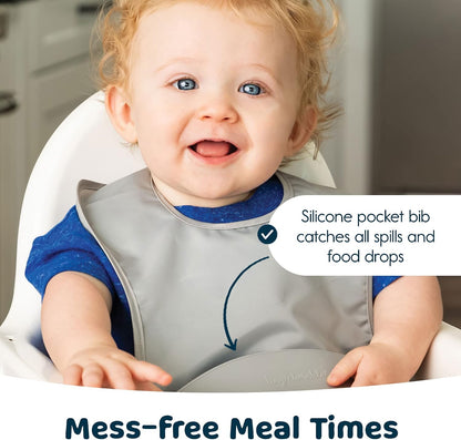 Silicone Pocket Bibs - Waterproof, Food Catching, Mess-Proof Bibs for 6-24 Months Baby Boy and Girl, Toddlers