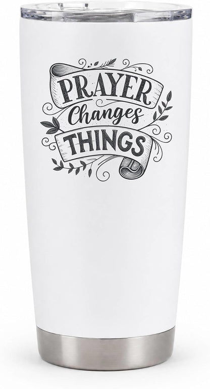Prayer Changes Things Tumbler 20oz White | Scripture-Inspired Typography for Believers Who Find Strength in Daily Devotion