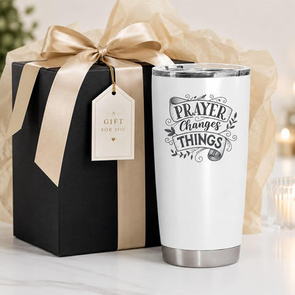 Prayer Changes Things Tumbler 20oz White | Scripture-Inspired Typography for Believers Who Find Strength in Daily Devotion
