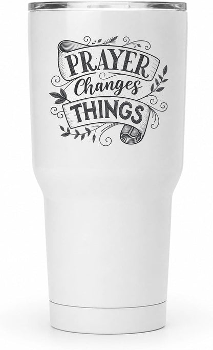 Prayer Changes Things Tumbler 20oz White | Scripture-Inspired Typography for Believers Who Find Strength in Daily Devotion