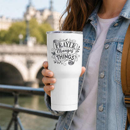 Prayer Changes Things Tumbler 20oz White | Scripture-Inspired Typography for Believers Who Find Strength in Daily Devotion