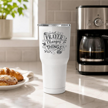 Prayer Changes Things Tumbler 20oz White | Scripture-Inspired Typography for Believers Who Find Strength in Daily Devotion