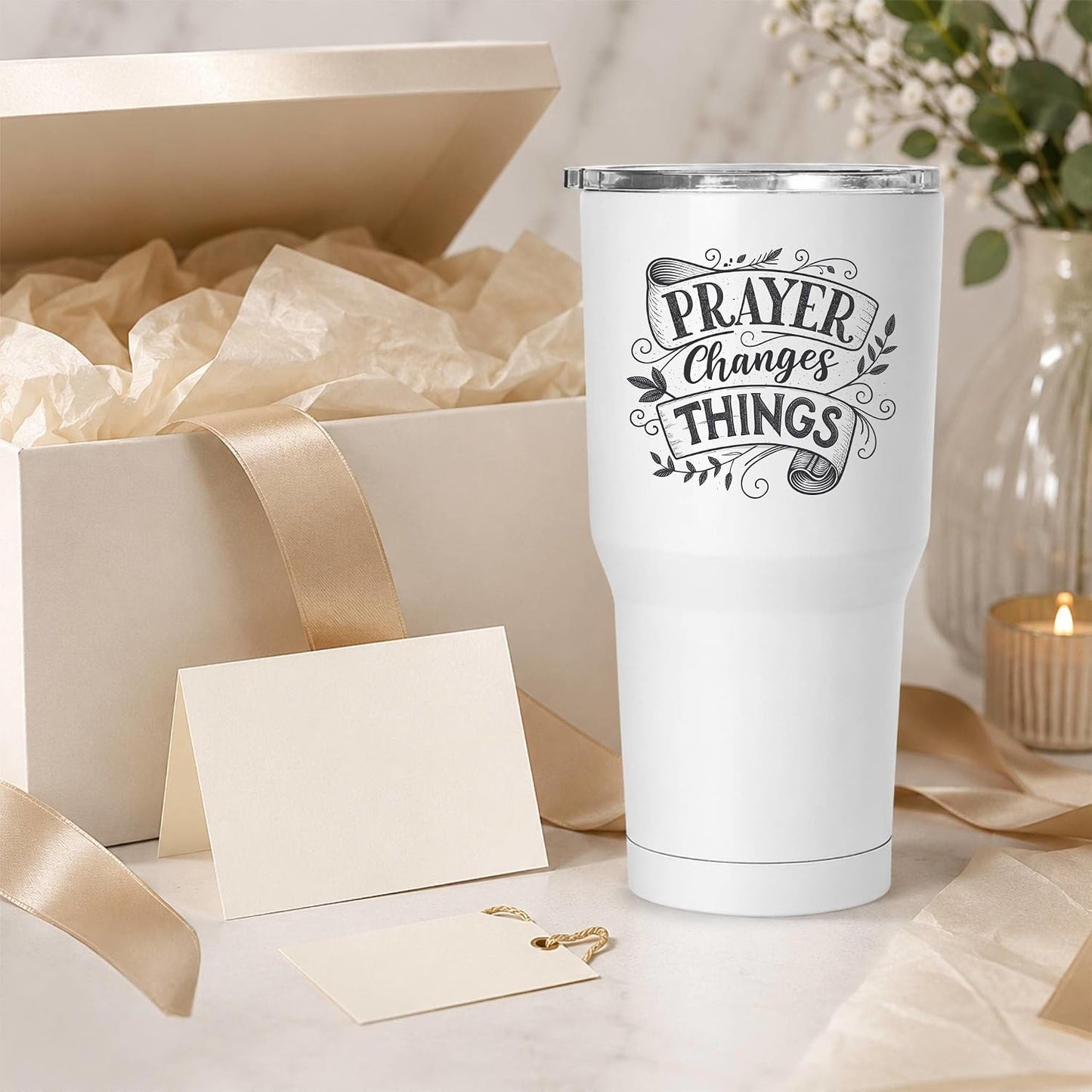 Prayer Changes Things Tumbler 20oz White | Scripture-Inspired Typography for Believers Who Find Strength in Daily Devotion