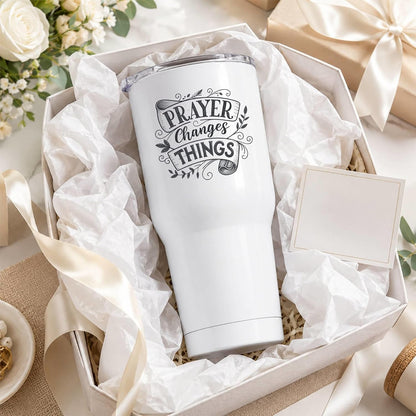 Prayer Changes Things Tumbler 20oz White | Scripture-Inspired Typography for Believers Who Find Strength in Daily Devotion