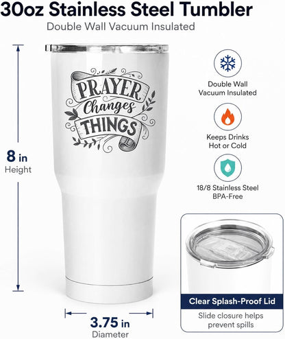 Prayer Changes Things Tumbler 20oz White | Scripture-Inspired Typography for Believers Who Find Strength in Daily Devotion