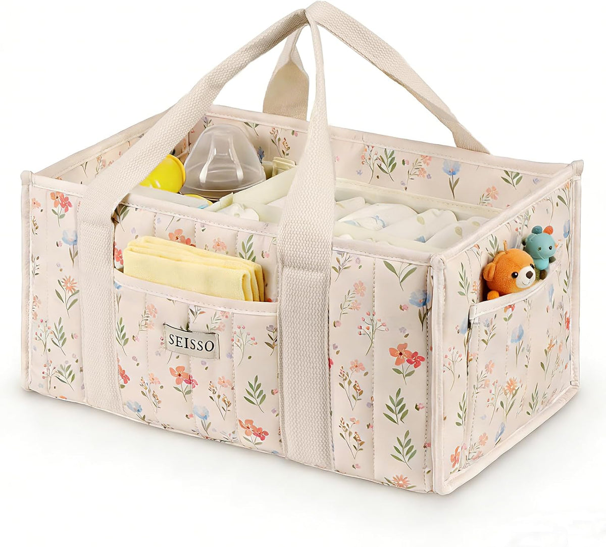 Diaper Caddy Organizer with Handle, Portable Baby Gift Basket, Floral Diaper Organizer Nursery Storage Bag, Newborn Girl Boy Essentials, Gift for Baby Shower