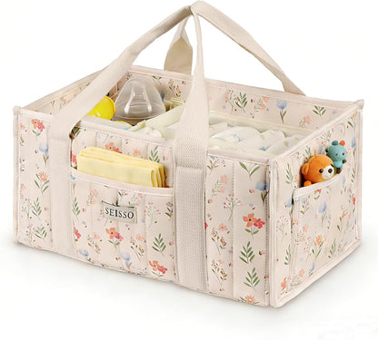 Diaper Caddy Organizer with Handle, Portable Baby Gift Basket, Floral Diaper Organizer Nursery Storage Bag, Newborn Girl Boy Essentials, Gift for Baby Shower