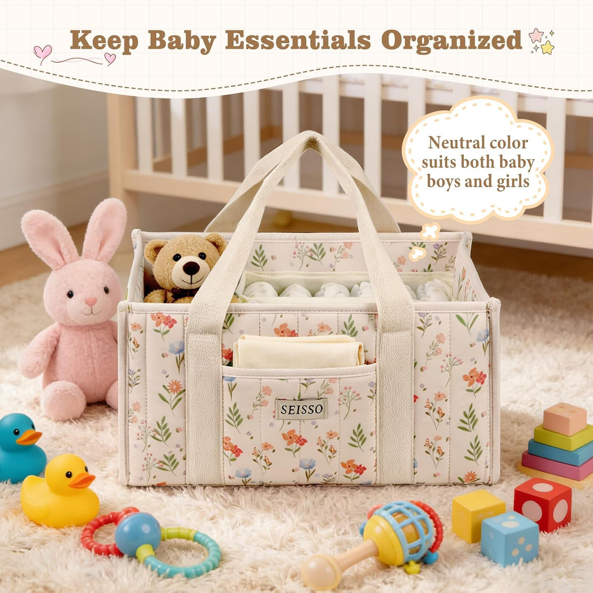 Diaper Caddy Organizer with Handle, Portable Baby Gift Basket, Floral Diaper Organizer Nursery Storage Bag, Newborn Girl Boy Essentials, Gift for Baby Shower