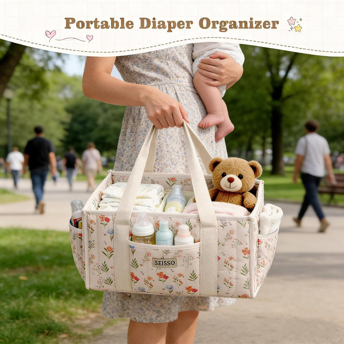 Diaper Caddy Organizer with Handle, Portable Baby Gift Basket, Floral Diaper Organizer Nursery Storage Bag, Newborn Girl Boy Essentials, Gift for Baby Shower