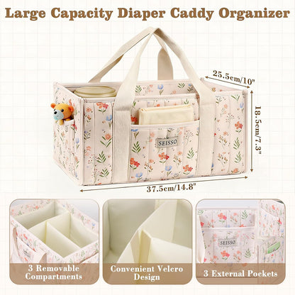 Diaper Caddy Organizer with Handle, Portable Baby Gift Basket, Floral Diaper Organizer Nursery Storage Bag, Newborn Girl Boy Essentials, Gift for Baby Shower