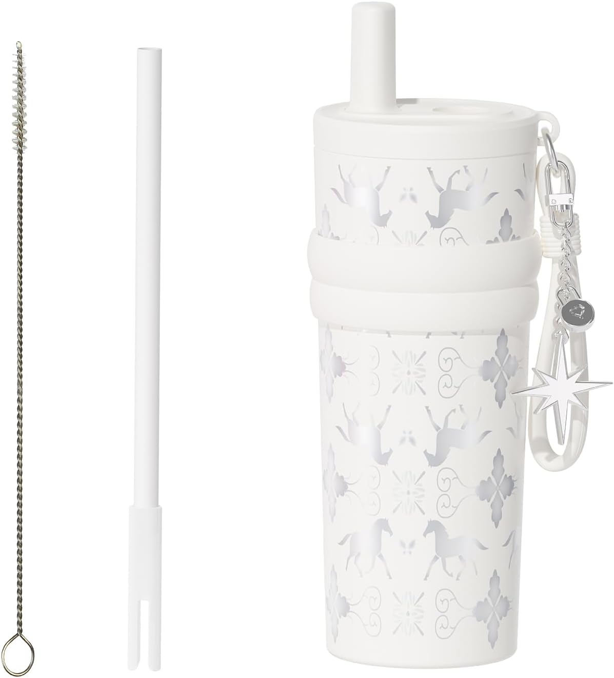 18.5 oz Thermo Cup with Straw, Floral Embossed Designed Car Cup, Vacuum Insulated Stainless Steel Tumbler with Hand Strap, Leakproof Water Bottel for Office, Gym, Library and Home Use (Peach Blossom)