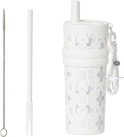 18.5 oz Thermo Cup with Straw, Floral Embossed Designed Car Cup, Vacuum Insulated Stainless Steel Tumbler with Hand Strap, Leakproof Water Bottel for Office, Gym, Library and Home Use (Peach Blossom)